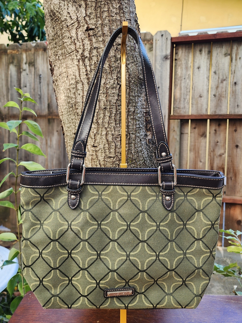 Nine West Monogram Tote Bag Green Geometric Pattern Shoulder Purse Y2K